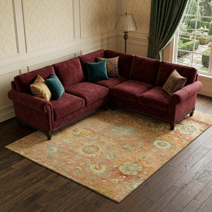 10' X 14' Floral Washable Area Rug With UV Protection (684468) - Coral / Gold / Blue