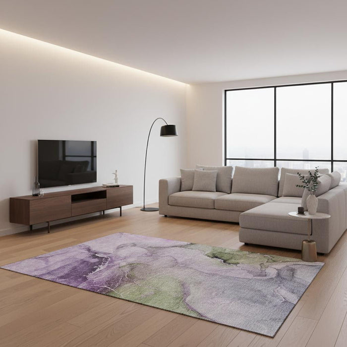 10' X 14' Abstract Washable Area Rug With UV Protection (647344) - Purple / Ivory / Green