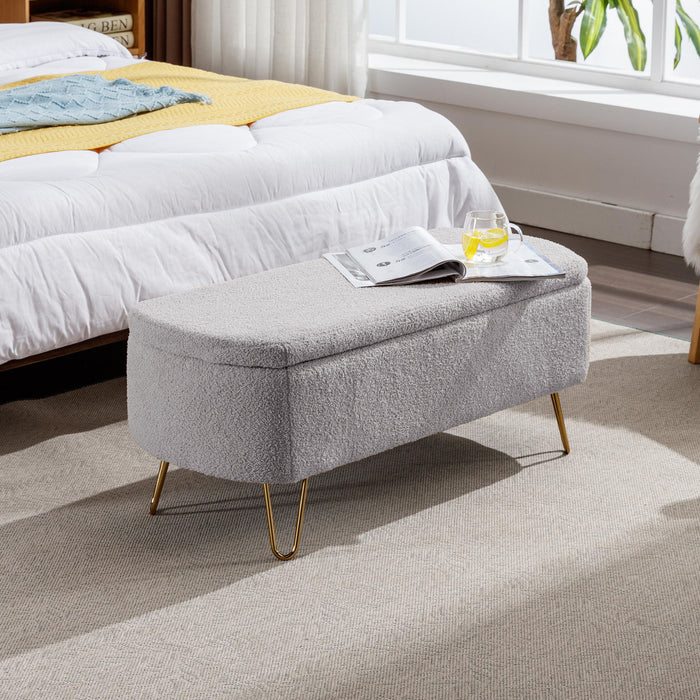 Giga storage ottoman bench with padded faux fur cushion, modern camel upholstery, and built-in storage for bedroom or living room.