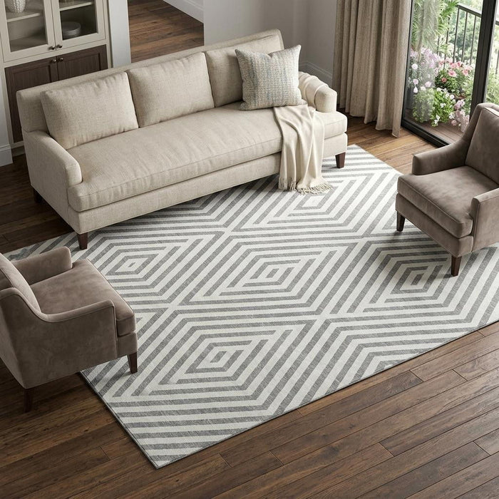 10' X 14' Geometric Washable Area Rug With UV Protection (648544) - Gray / Ivory