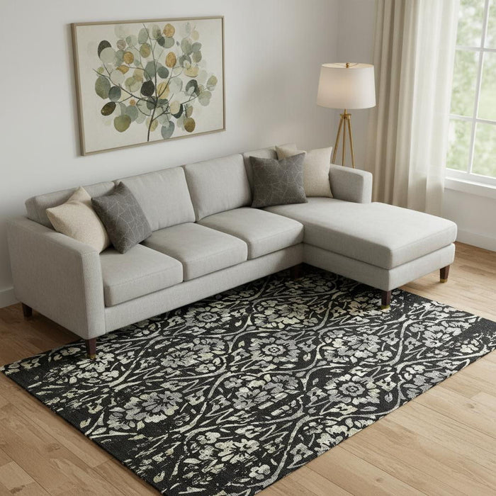 10' X 14' Floral Washable Area Rug With UV Protection (669030) - Black / Gray / Beige
