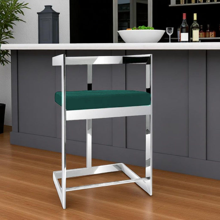 30" Metal And Velvet Low Back Bar Height Bar Chair - Green / Silver