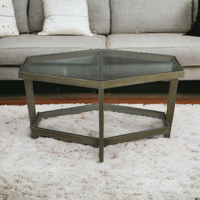 Modern Hexagonal Glass Top Coffee Table - Clear Brown