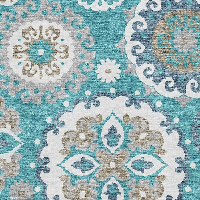 10' X 14' Medallion Washable Area Rug With UV Protection - Teal