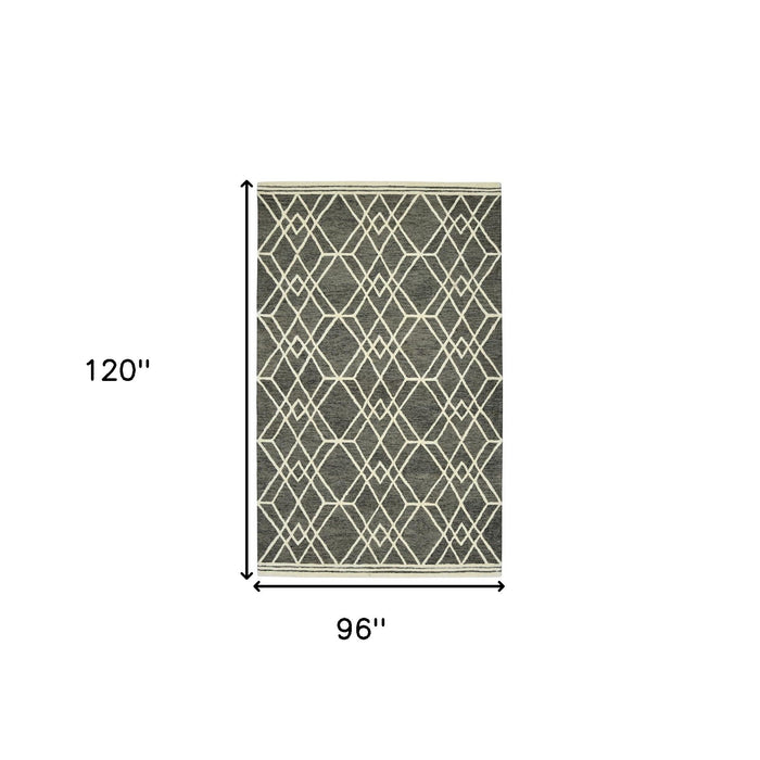 8' X 10' Wool Geometric Hand Hooked Area Rug - Dark Gray And Ivory