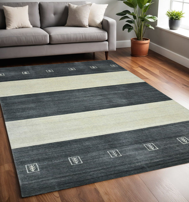 5' X 8' Wool Striped Hand Woven Area Rug - Charcoal And Ivory