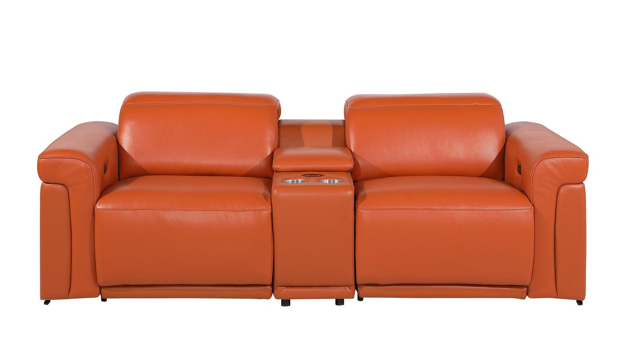 Italian Leather Power Reclining Loveseat With Storage (720527) - Orange / Black
