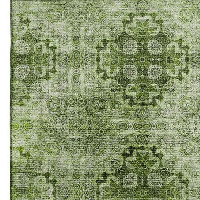 10' X 14' Floral Medallion Distressed Washable Area Rug With UV Protection (648940) - Olive Green / Ivory