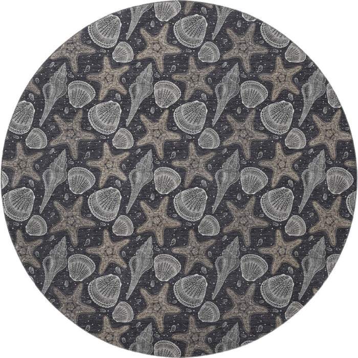 8' Geometric Washable Round Rug With UV Protection (645783) - Midnight / Taupe