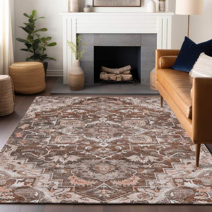 10' X 14' Floral Medallion Washable Area Rug With UV Protection - Terra Cotta