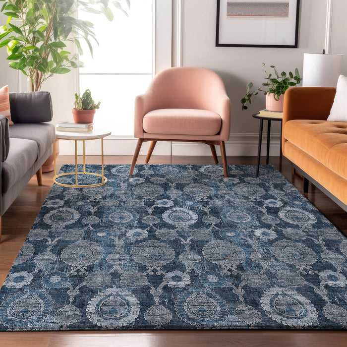 10' X 14' Damask Washable Area Rug With UV Protection - Navy Blue And Gray
