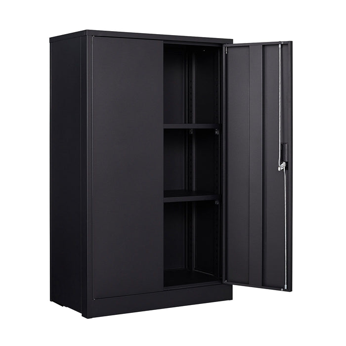 Giga metal filing cabinet with locking doors and adjustable shelf, suitable for home office, school, or garage storage.