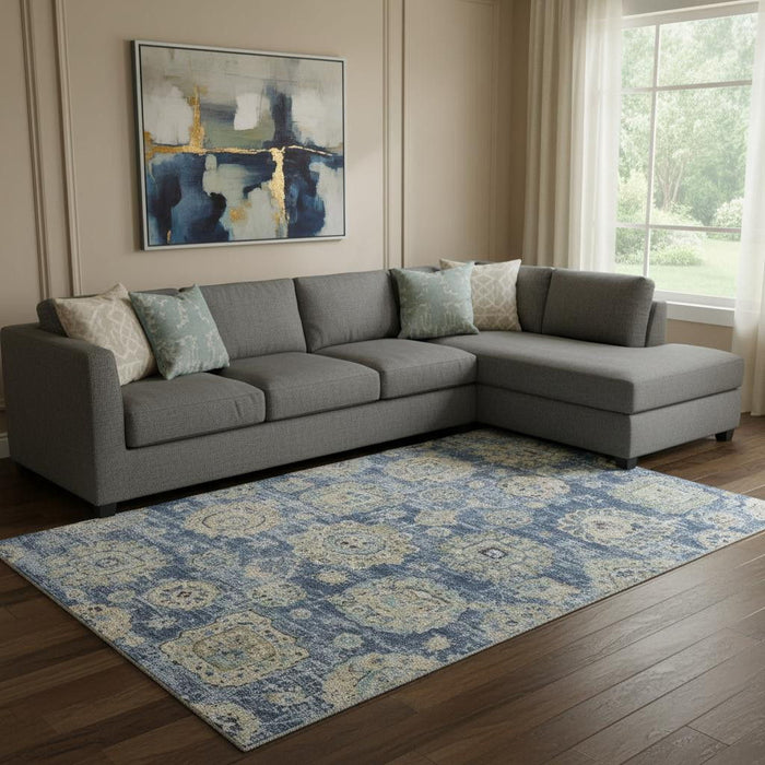 8' X 10' Floral Washable Area Rug With UV Protection (653186) - Blue / Ivory / Gold