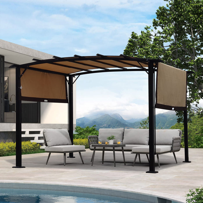 Giga outdoor patio pergola gazebo with steel frame and retractable canopy providing shade and shelter in a garden setting.