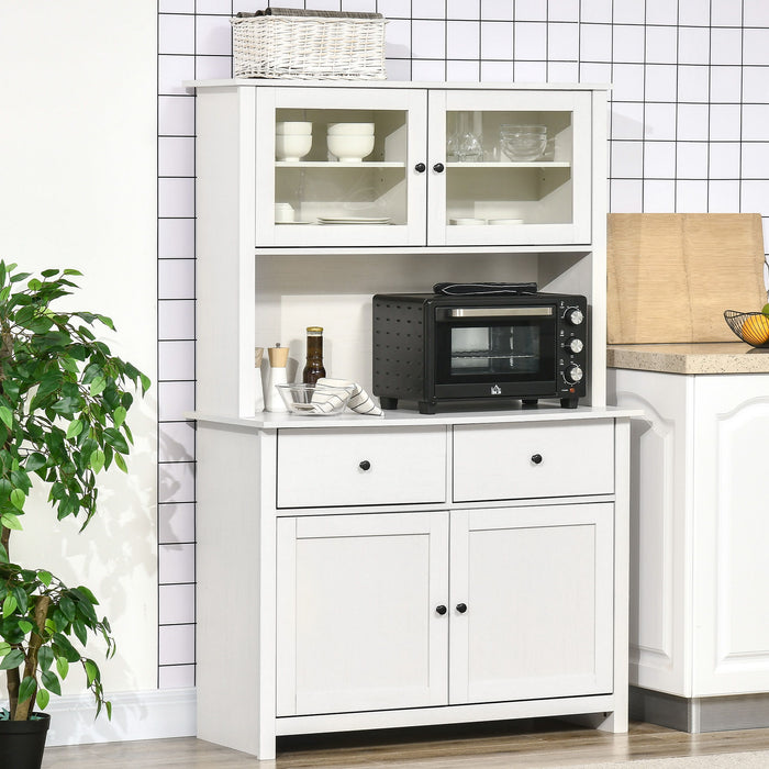Giga Homcom 63.5-inch antique white kitchen buffet with hutch, glass doors, shelves, drawers, and open microwave countertop.