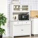 Giga Homcom 63.5-inch antique white kitchen buffet with hutch, glass doors, shelves, drawers, and open microwave countertop.