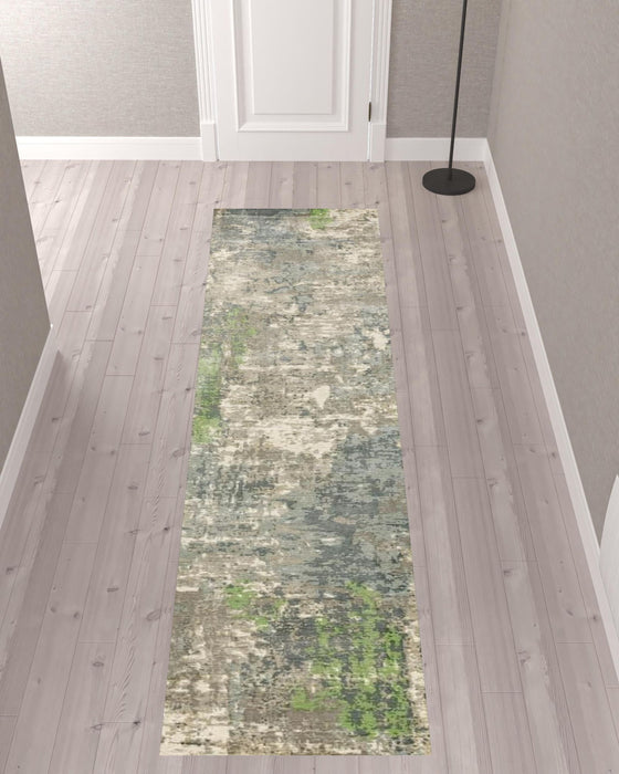 2' x 10' Abstract Hand Loomed Stain Resistant Runner Rug - Blue And Green