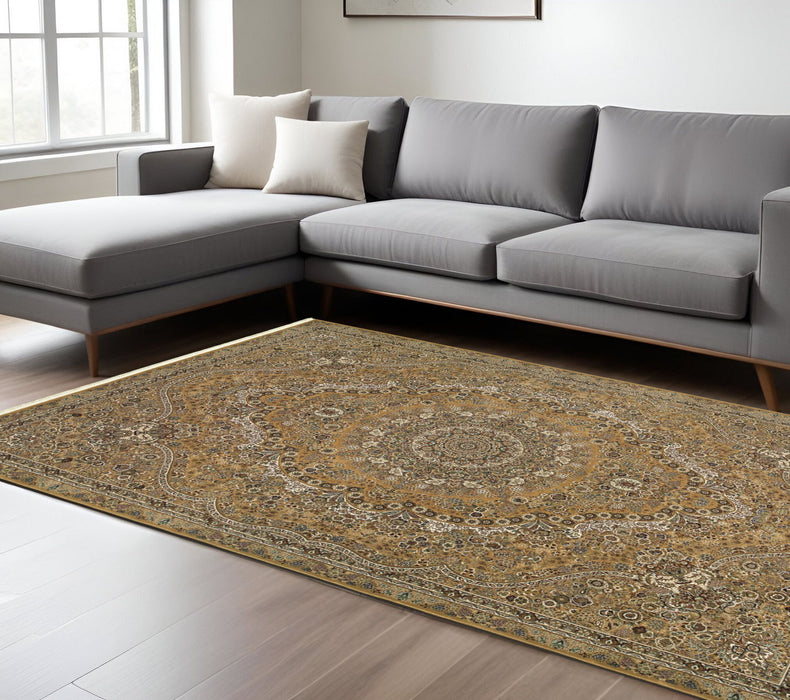 10' X 13' Medallion Area Rug With Fringe - Gold And Ivory