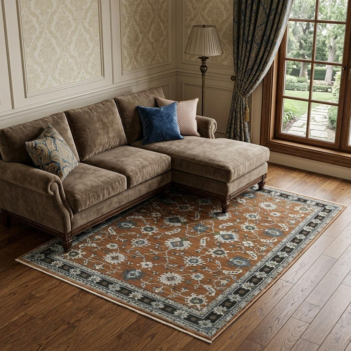 8' X 11' Oriental Area Rug With Fringe (575102) - Rust / Gray / Beige