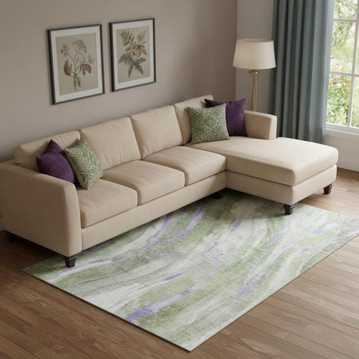 10' X 14' Abstract Washable Area Rug With UV Protection (696806) - Olive Green / Lavender / Ivory