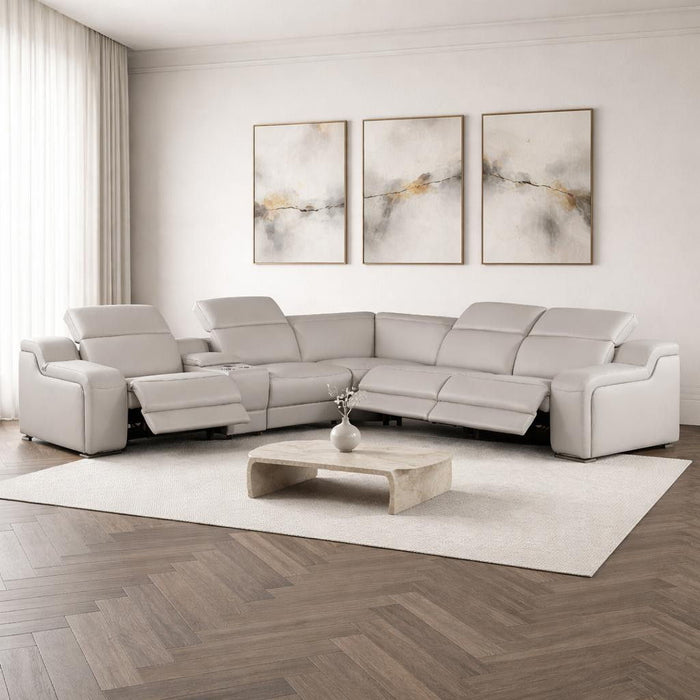 Italian Leather Power Reclining Curved Six Piece Corner Sectional With Console - Light Gray