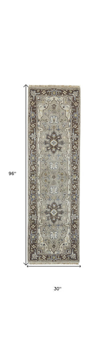 8' Medallion Hand Knotted Runner Rug With Fringe - Beige Blue And Gray