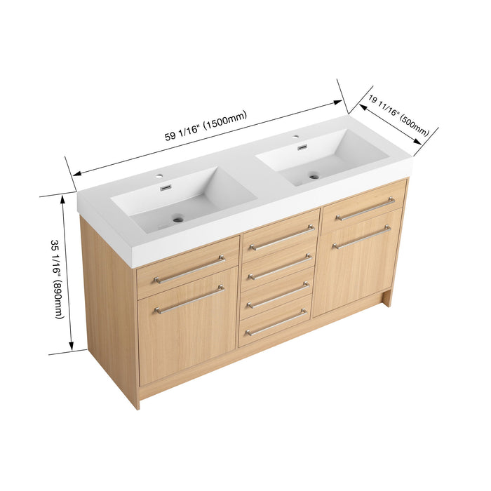 Giga freestanding bathroom vanity with resin sink, soft-closing doors and drawers, modern design, wood finish, and sleek hardware.