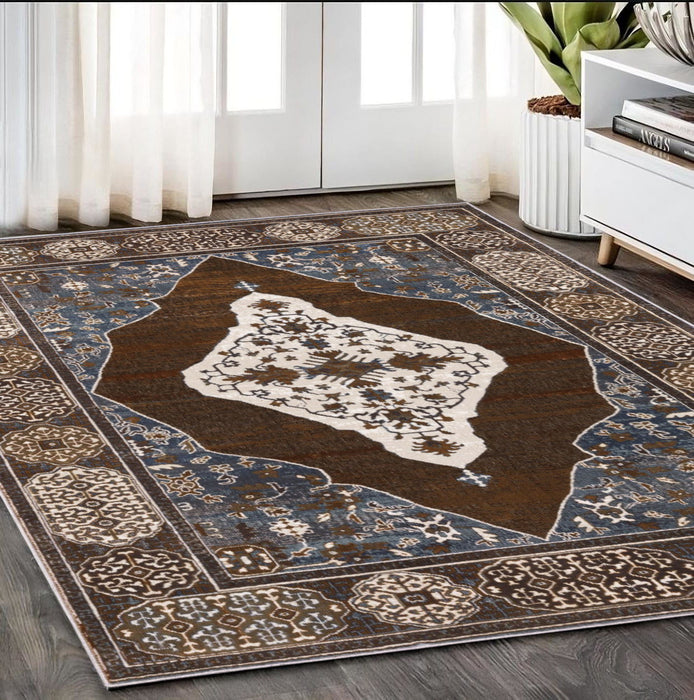 8' X 5' Traditional Medallion Area Rug - Gray And Blue