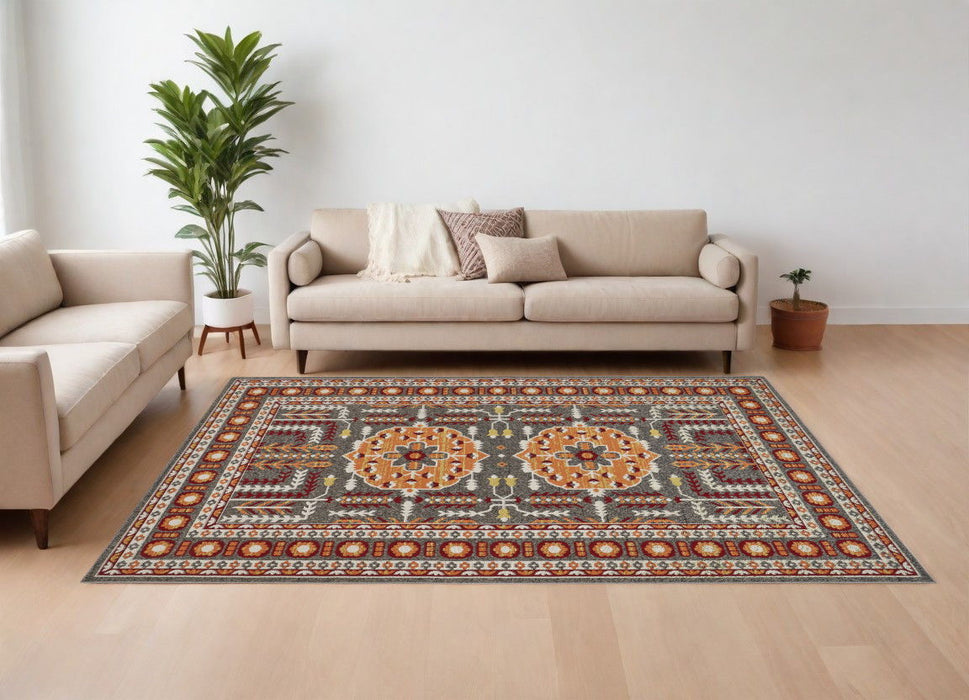 10' x 13' Oriental Power Loom Area Rug - Red Gray And Orange