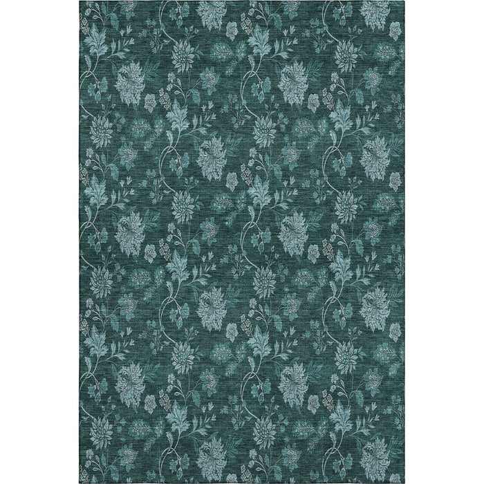 9' X 12' Floral Washable Area Rug With UV Protection (655943) - Teal / Ivory