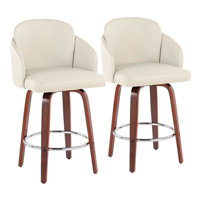 Dahlia - Fixed-Height Counter Stool (Set of 2) - Walnut Wood, Cream Faux Leather, Chrome Metal