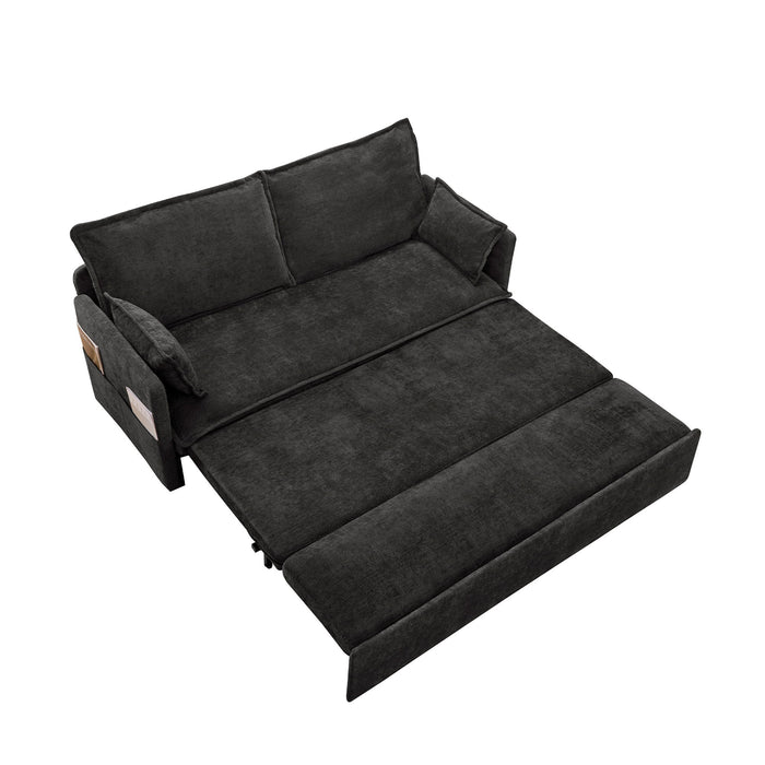 Giga pull-out sofa bed with convertible sleeper design, side storage, and built-in USB-C charging ports in a modern living room setting