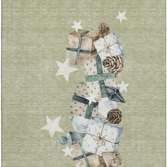 10' X 14' Geometric Washable Area Rug With UV Protection (702341) - Artichoke Green / Beige / Ivory