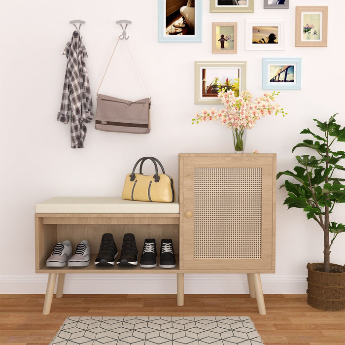 Giga 2-in-1 shoe storage bench with adjustable shelves in antique natural finish and rattan design, ideal for organized entryways.