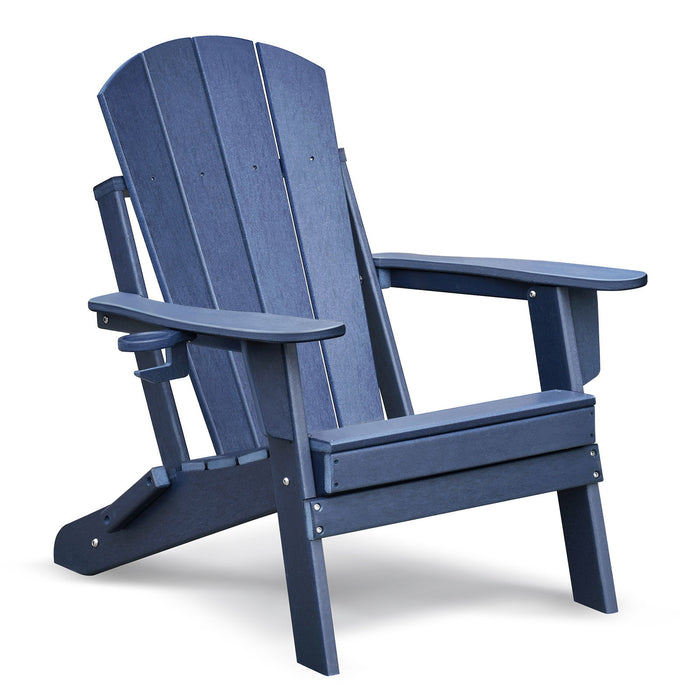 Giga navy blue folding outdoor Adirondack arm chair made of HDPE for all-weather patio, lawn, garden, deck, or balcony use