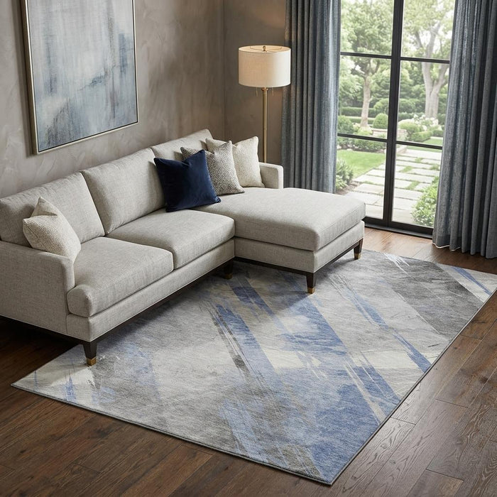10' X 14' Striped Washable Area Rug With UV Protection (694296) - Sky Blue / Gray / Silver