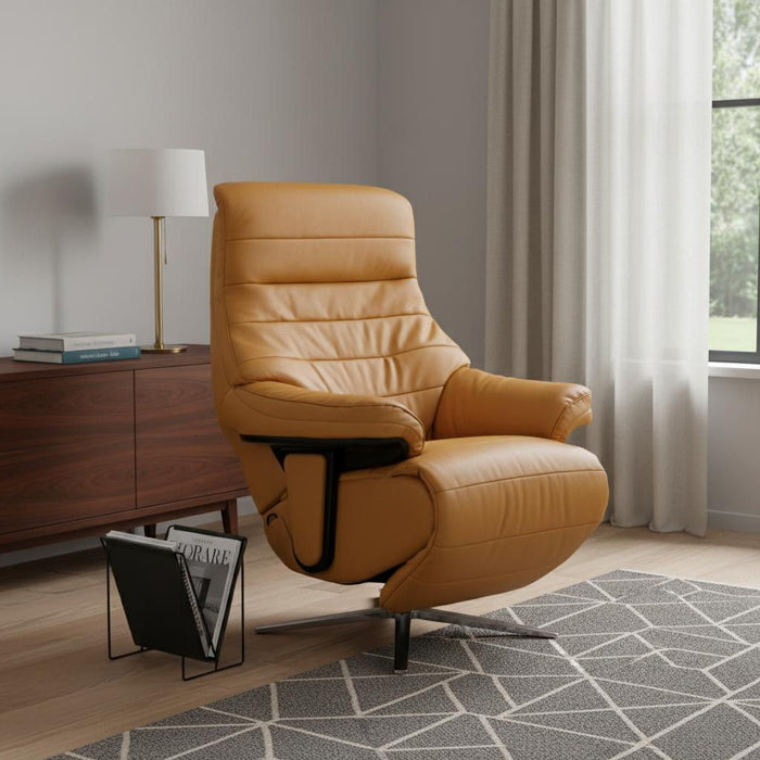 Tufted Genuine Leather Power Swivel Recliner - Yellow