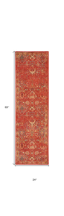 6' Floral Distressed Non Skid Runner Rug (552932) - Brick Red / Tan