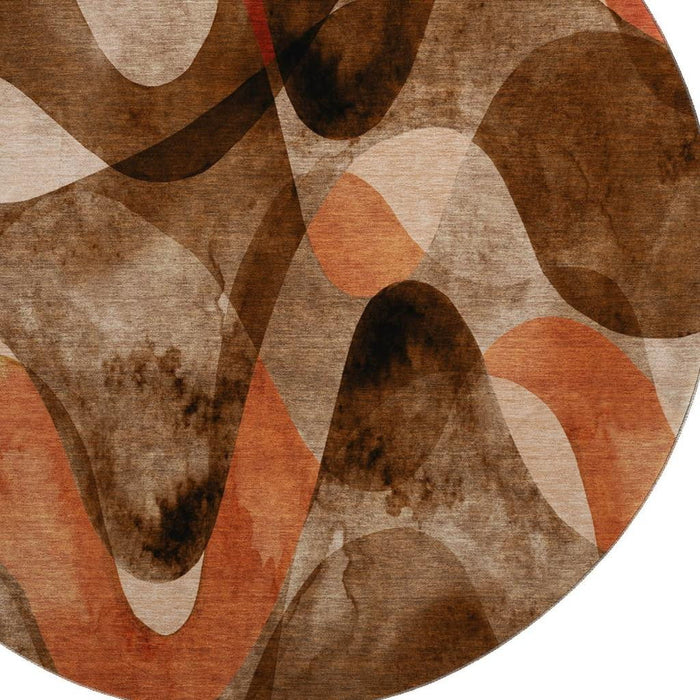 8' Abstract Washable Round Rug With UV Protection (648067) - Chocolate / Beige / Copper