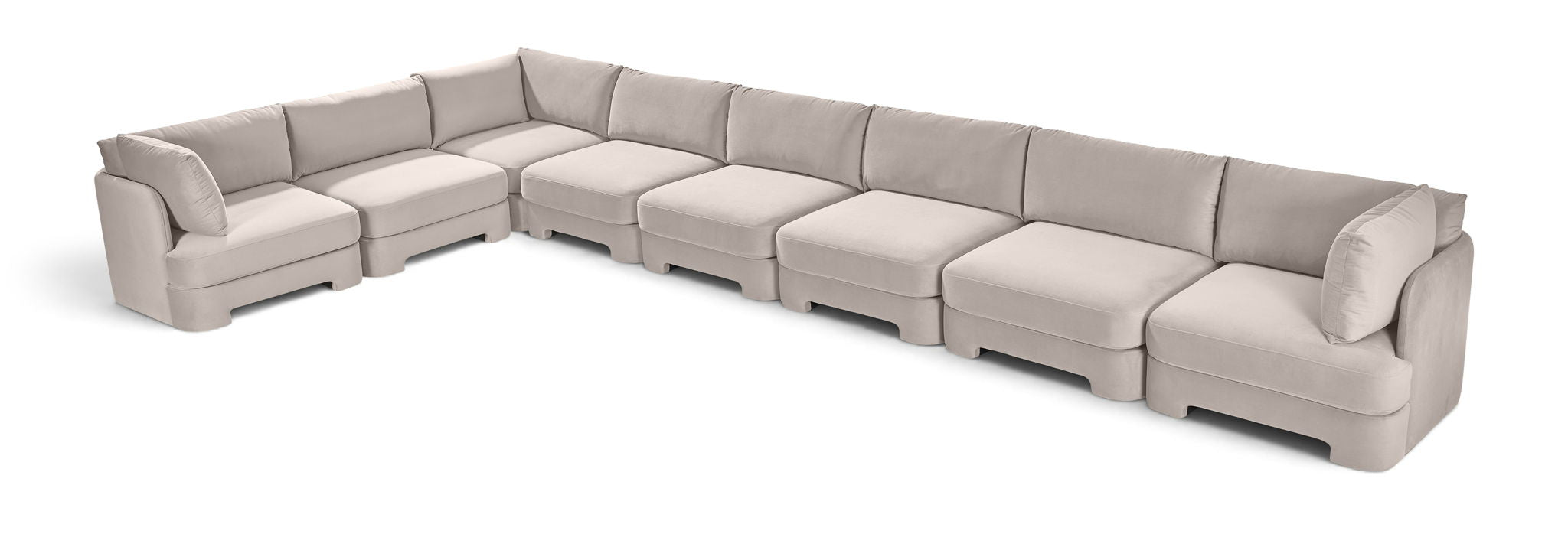 Meridian Furniture Hammond velvet performance fabric upholstered 8-piece L-shaped sectional sofa with plush cushions.