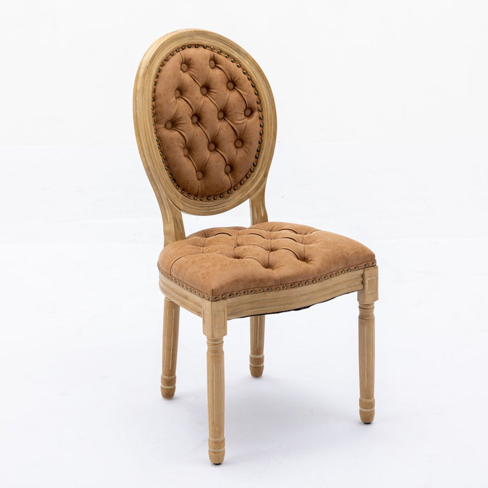 Giga French style solid wood dining chair set with antique painting frame, nailhead trim, and wooden legs, featuring decorative buckle details.