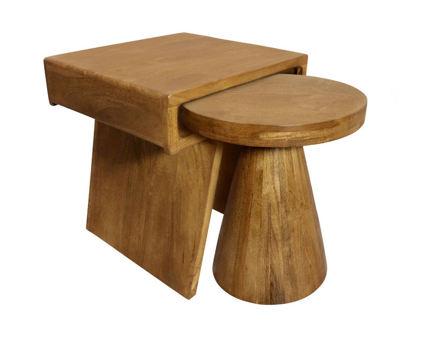 Distressed Solid Wood Pedestal Nested Tables (Set of 2) - Walnut