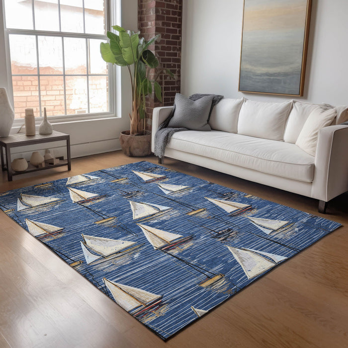 10' X 14' Nautical Washable Area Rug With UV Protection - Navy Blue