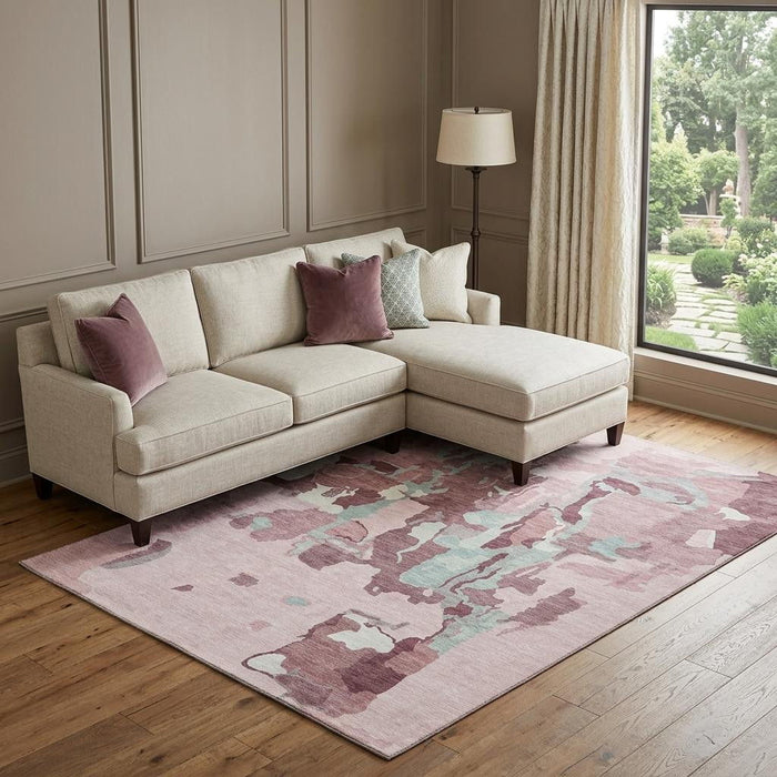 10' X 14' Abstract Washable Area Rug With UV Protection (680747) - Pink / Sky Blue / Ivory