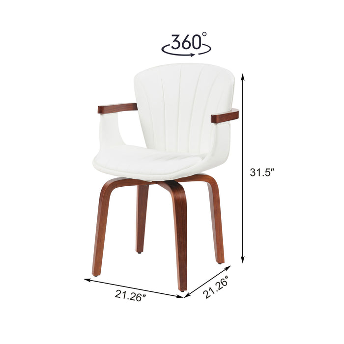 Set of two Giga Mid Century Modern bentwood swivel dining chairs with white seats and walnut wood legs.