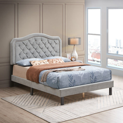 Gray Giga Queen upholstered bed with button tufted headboard, curved design, and sturdy wood slat support.