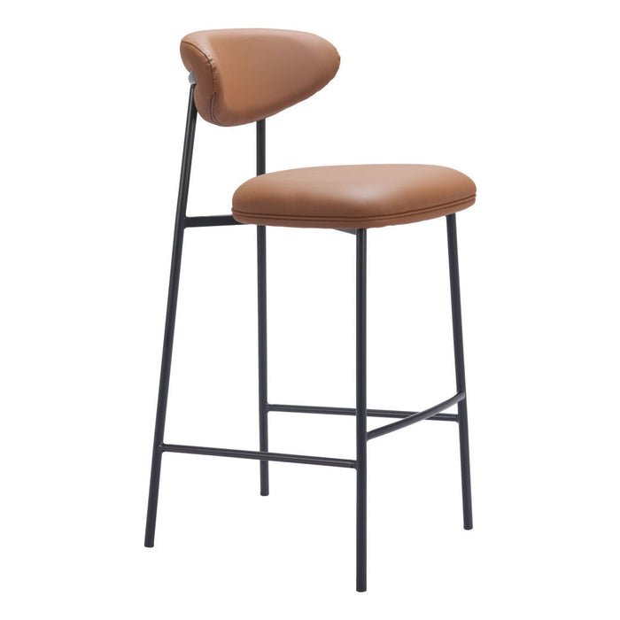 Set of two brown and black faux leather and steel low back bar height chairs, modern HomeRoots chair set for bar or counter seating.