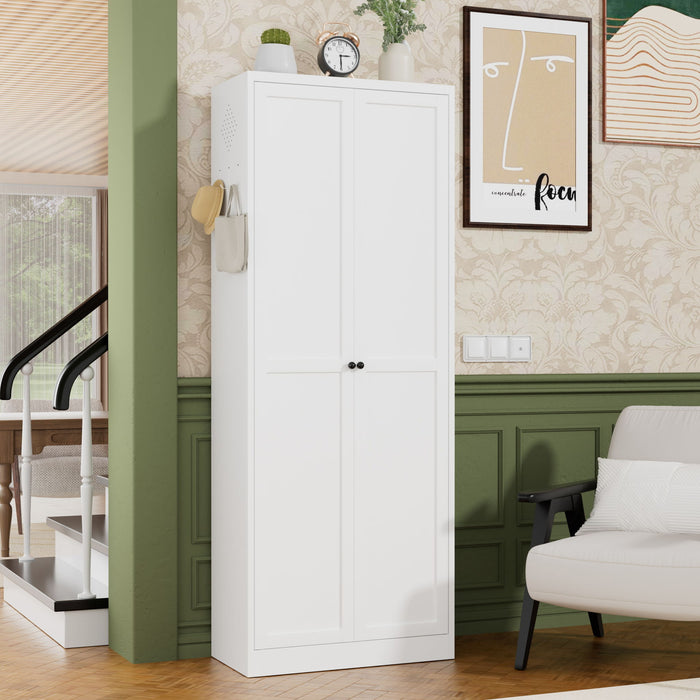 White Giga accent kitchen pantry cabinet with doors, 5 adjustable shelves, freestanding storage, tool-free assembly, heavy-duty design.
