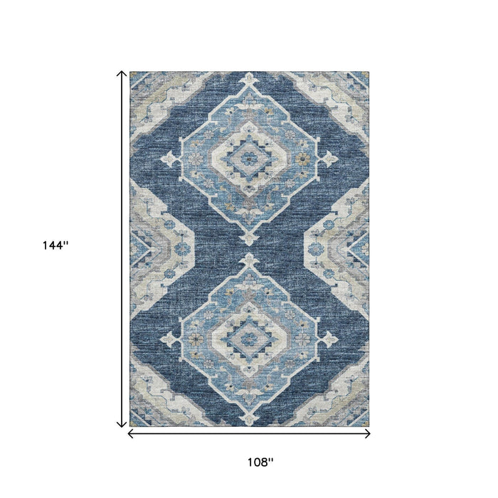 9' X 12' Tribal Distressed Washable Area Rug With UV Protection (644197) - Blue / Ivory