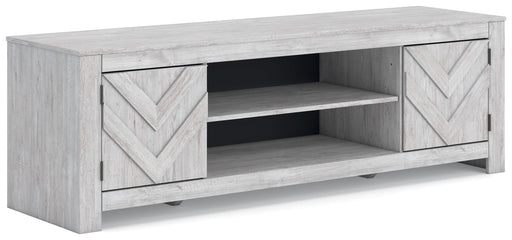 Signature Design by Ashley Cayboni LG TV stand with built-in fireplace option, wooden finish, and storage compartments.
